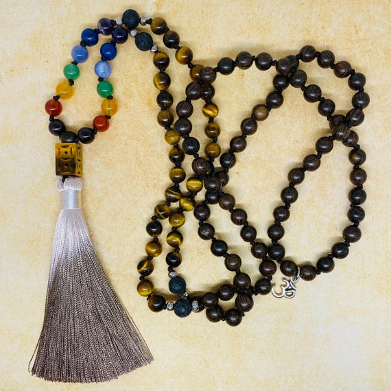 Hand Knotted CHAKRA MALA 108 8mm Beads Natural Stone, Tigers Eye, Rose Wood