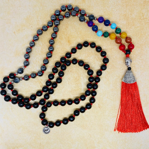 Hand Knotted CHAKRA MALA 108 8mm Beads Natural Stone, Hematite, Ebony Wood