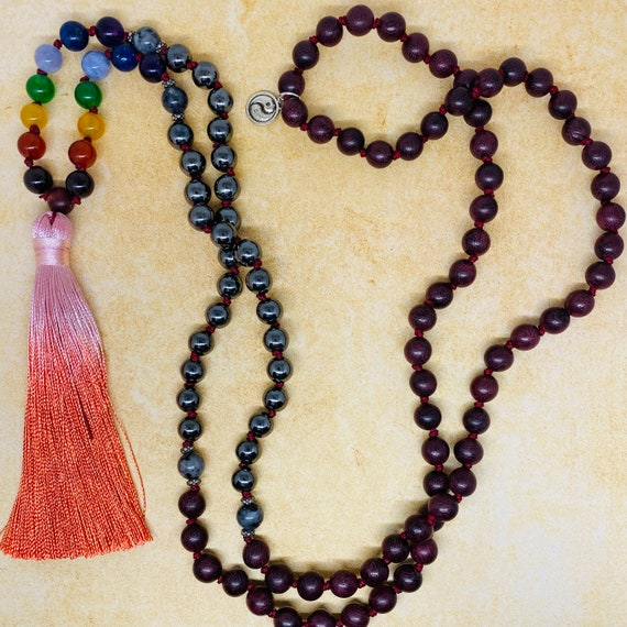 Hand Knotted CHAKRA MALA 108 8mm Beads Natural Stone, Hematite, Violet Wood