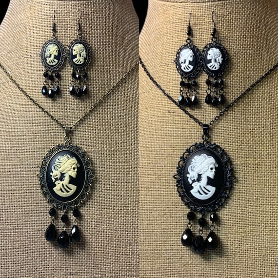 GOTHIC Witchy ivory or white LOLITA on black 24” chandelier necklace and earrings set