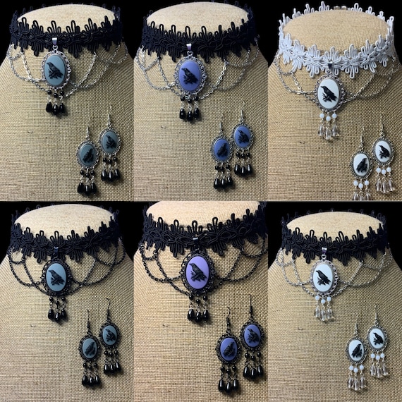 RAVEN cameo chandelier choker earring set necklace gothic wedding Halloween Victorian