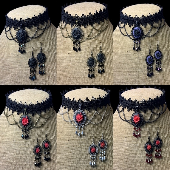 ROSE cameo chandelier choker earring set necklace gothic wedding Halloween Victorian