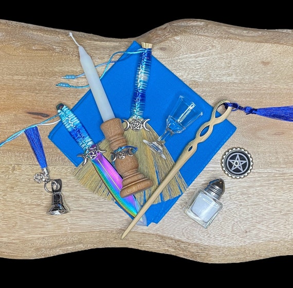 BLUE ombré PENTACLE triple moon ALTAR tools set nine piece elemental witchcraft wicca pagan kit travel beginner