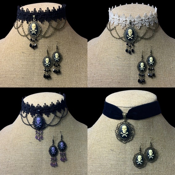 JOLLY ROGER skull & bones cameo choker earring set necklace gothic wedding Halloween Victorian