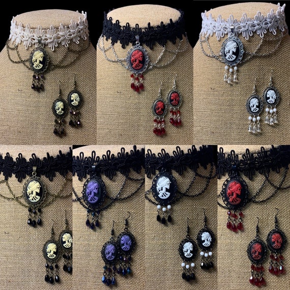LOLITA SKULL cameo chandelier choker earring set necklace gothic wedding Halloween Victorian