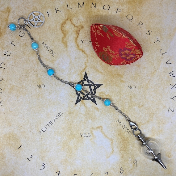 Handmade TURQUOISE PENDULUM chain bracelet with fillable glass SEPHOROTON and Pentacle charm and natural stone beads