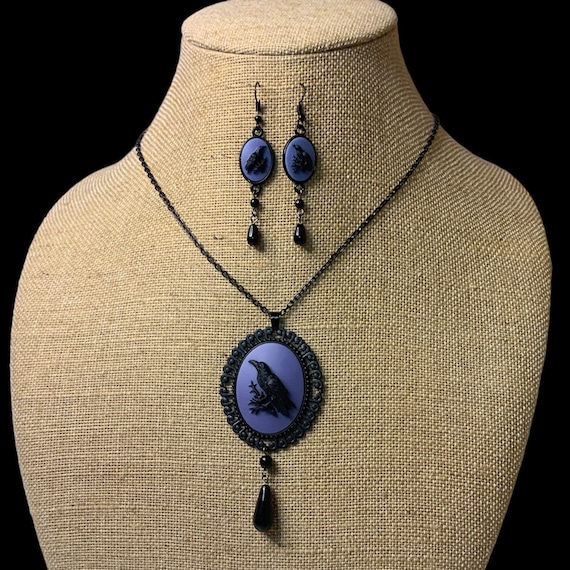 GOTHIC Witchy RAVEN on purple 24” chandelier necklace and earrings set