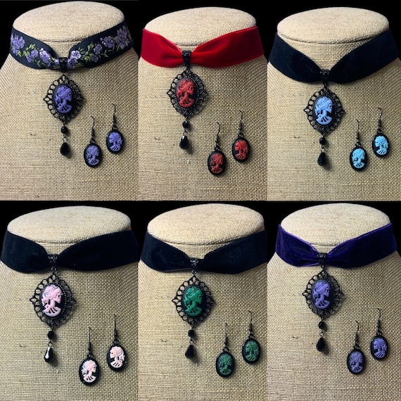LOLITA SKULL cameo choker earring set necklace gothic wedding day of the dead Halloween Victorian