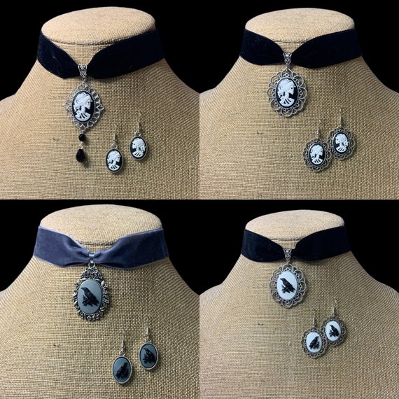 LOLITA or RAVEN Cameo choker earring set necklace gothic wedding day of the dead Halloween Victorian