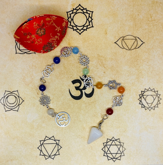 Healing Seven CHAKRA Symbols Jade PENDULUM Bracelet Dowsing, Reiki, Wicca, Spiritual, Metaphysical, Witchcraft, Lotus, OM, Lotus Pose