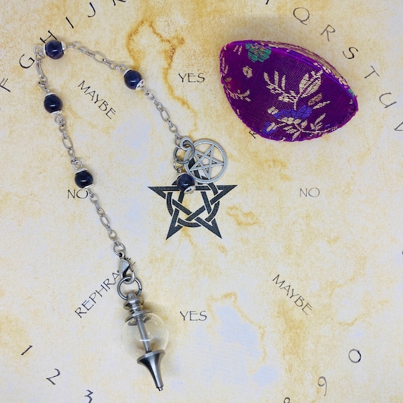 Handmade AMETHYST PENDULUM chain bracelet with fillable glass SEPHOROTON and Pentacle charm and natural stone beads
