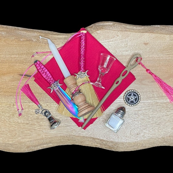 FUCHSIA PENTACLE triple moon ALTAR tools set nine piece elemental witchcraft wicca pagan kit travel beginner