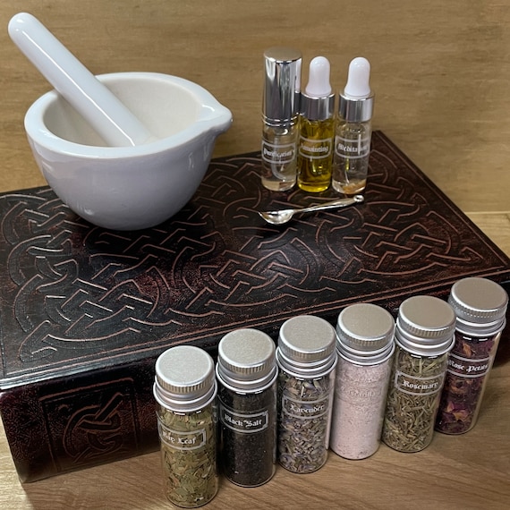 Basic APOTHECARY kit with HERBS, OILS, mortar & pestle travel size