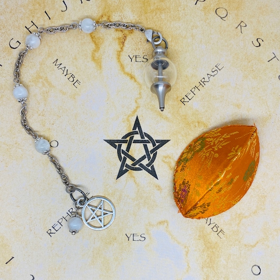 Handmade Rainbow MOONSTONE PENDULUM chain bracelet with fillable glass SEPHOROTON and Pentacle charm and natural stone beads