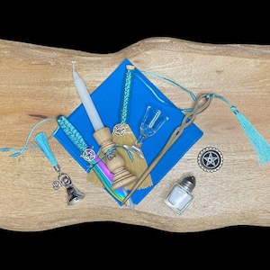 AQUA blue PENTACLE ALTAR tools set nine piece elemental witchcraft wicca pagan kit travel beginner