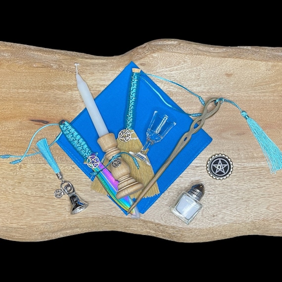AQUA blue PENTACLE ALTAR tools set nine piece elemental witchcraft wicca pagan kit travel beginner