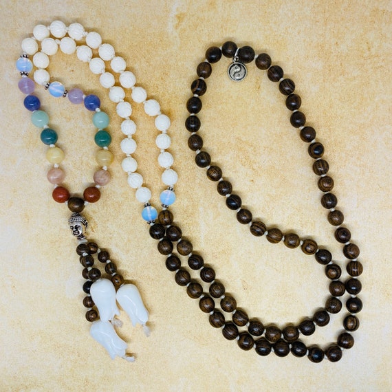Hand Knotted CHAKRA MALA 108 8mm Beads Natural Stone, Carved White Coral, Rose Wood