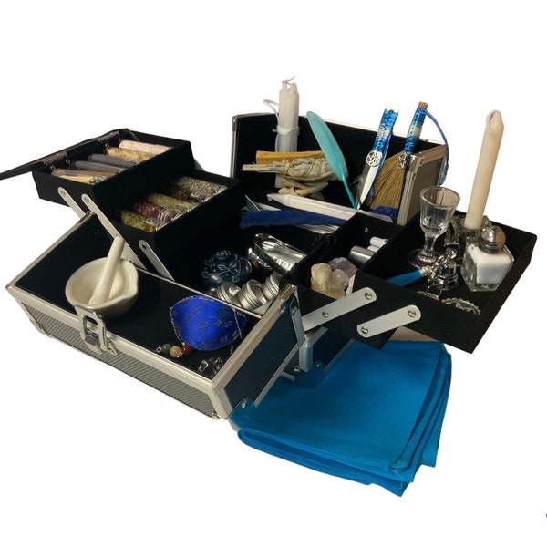 BLUE Witchcraft On-The-Go travel altar chest box complete tool kit set Wicca beginner starter baby witch broom closet pagan