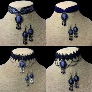 PURPLE BUTTERFLY cameo choker earring set necklace gothic wedding Halloween Victorian