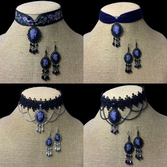 PURPLE BUTTERFLY cameo choker earring set necklace gothic wedding Halloween Victorian