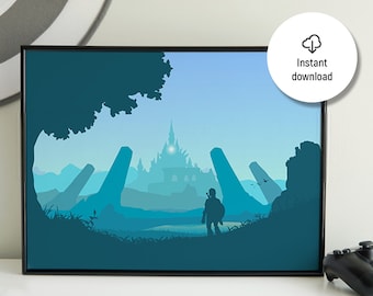 Legend of Zelda Hyrule Castle Art | Link Digital Print | BOTW Wall Decor | Gamer Room Poster | Fantasy Landscape Art | Instant Download