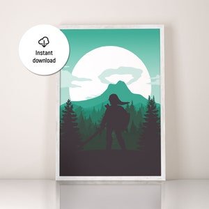Legend of Zelda Art – Breath of the Wild afdrukbare muurkunst, Hyrule-kaart en Master Sword-poster, gamerroomdecor, digitale fantasiedownload