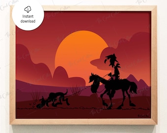 Lucky Luke Poster | Western Cowboy Wall Art | Minimalist Sunset Print | Silhouette Print | Western Sunset Poster | Cowboy Art Download