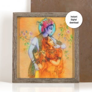 クリシュナの絵画、ラーダ・クリシュナ、新築祝い、記念日の贈り物、結婚祝い、婚約祝い、室内装飾、印刷可能な壁アート