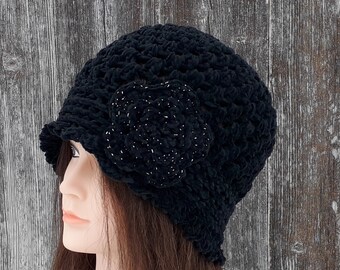 Woman Crochet Hat, Ladies Cloche Hat, Handmade Hat, Vintage Style Hat, 1920s Style Hat, Spring Autumn Hat, Gift for Her, Hat with Flower