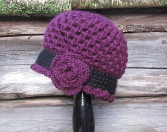 Womens Crochet Hat, Purple Crochet Cloche Hat with Flower, Vintage Style Hat, 1920s Style Hat, Ladies Cloche Hat