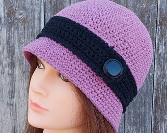 Woman Crochet Cloche Hat, Vintage Style Hat, Handmade Crochet Hat, Hat with Button, Spring  Summer Hat, 1920s Style Hat