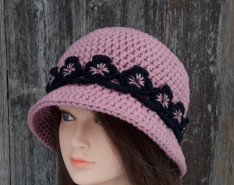 Crochet Cloche Hat, Womens Hat, Hat with Brim, Hat with Flower Ribbon, Spring Autumn Hat, Vintage Style Hat, Gift for Her, 1920s Style Hat