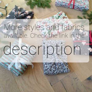 May include: Assortment of fabric-wrapped gifts in various patterns and colors, including black and white, red and white, and blue and white. The text "More styles and fabrics available. Check the link in the description" is superimposed on the image.
