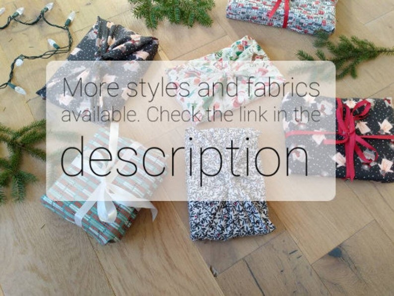 May include: Assortment of fabric-wrapped gifts in various patterns and colors, including black and white, red and white, and blue and white. The text "More styles and fabrics available. Check the link in the description" is superimposed on the image.