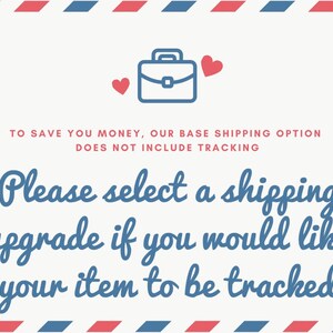 May include: A white background with red and blue stripes around the border. The text reads: "To save you money, our base shipping option does not include tracking. Please select a shipping upgrade if you would like your item to be tracked."
