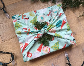 Christmas Furoshiki - Fabric Gift Wrap - Reusable Wrapping Paper - Christmas-  Fa La La Bells and Baubles