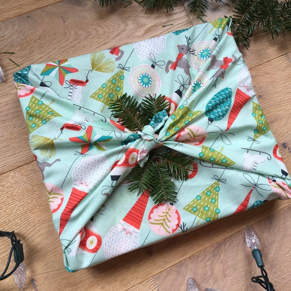 Christmas Furoshiki - Fabric Gift Wrap - Reusable Wrapping Paper - Christmas-  Fa La La Bells and Baubles