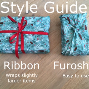 May include: Two gift wrapping styles are shown: a blue and white patterned gift box tied with a red ribbon and a blue and white patterned gift wrapped using the Japanese technique of Furoshiki.