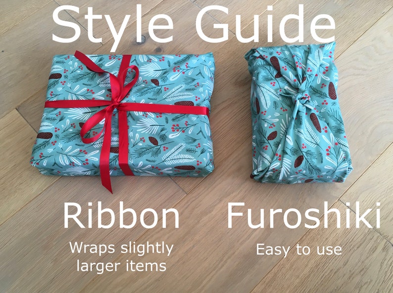 May include: Two gift wrapping styles are shown: a blue and white patterned gift box tied with a red ribbon and a blue and white patterned gift wrapped using the Japanese technique of Furoshiki.