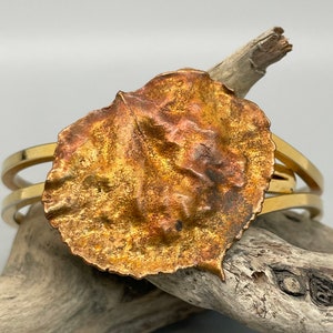 Vintage Electroformed Real Leaf Clamper Bracelet Gold Tone Split Band Bangle