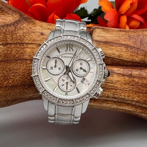 RETIRED - Judith Ripka Silver  Stainless Steel Mother of Pearl Chronograph Diamonique Watch