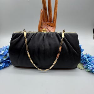 Vintage HL - Harry Levine - Black Satin Clutch w Rhinestone Flower Kiss lock closure