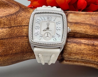 Judith Ripka Mother of Pearl Dial Stainless Steel White Silicone Band Watch
