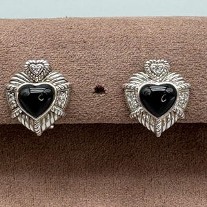 Judith Ripka Sterling Silver Black Onyx Diamonique Heart Pierced Earrings with Omega Backs