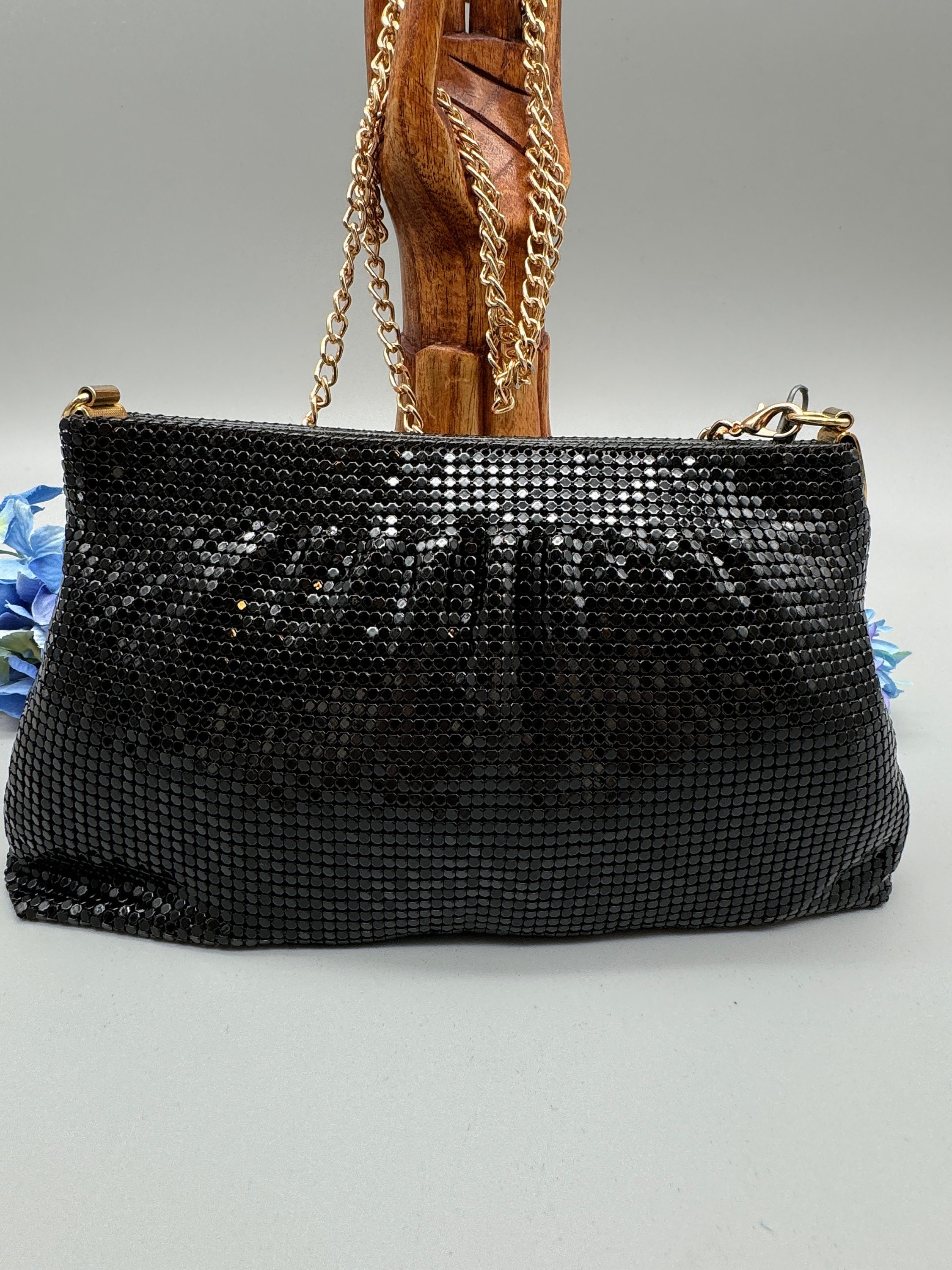 Vintage Black Metal Mesh Evening Bag Ruched Crossbody Clutch Gold