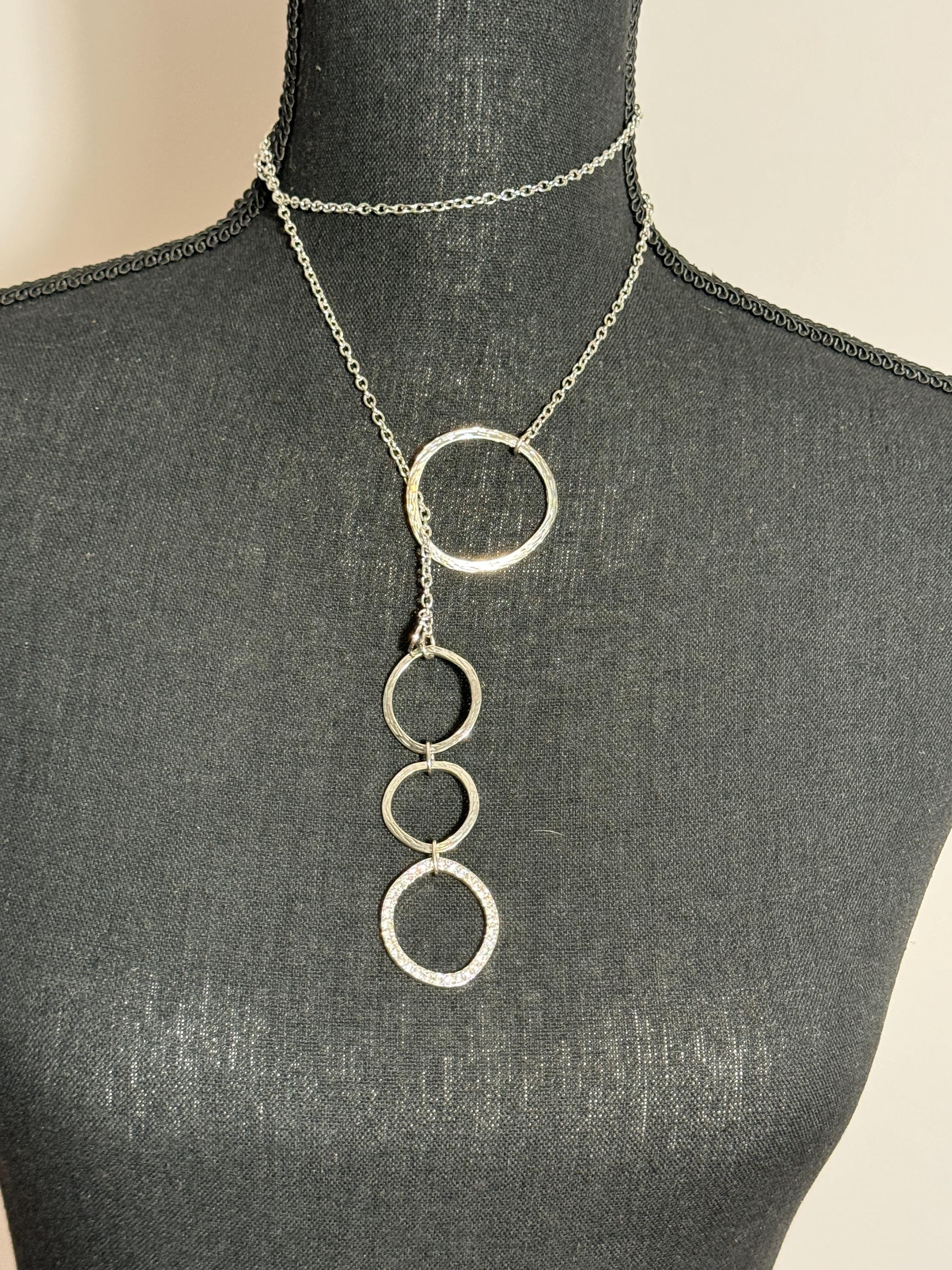 Chico's Lariat Silver tone Rhinestone Circle Necklace
