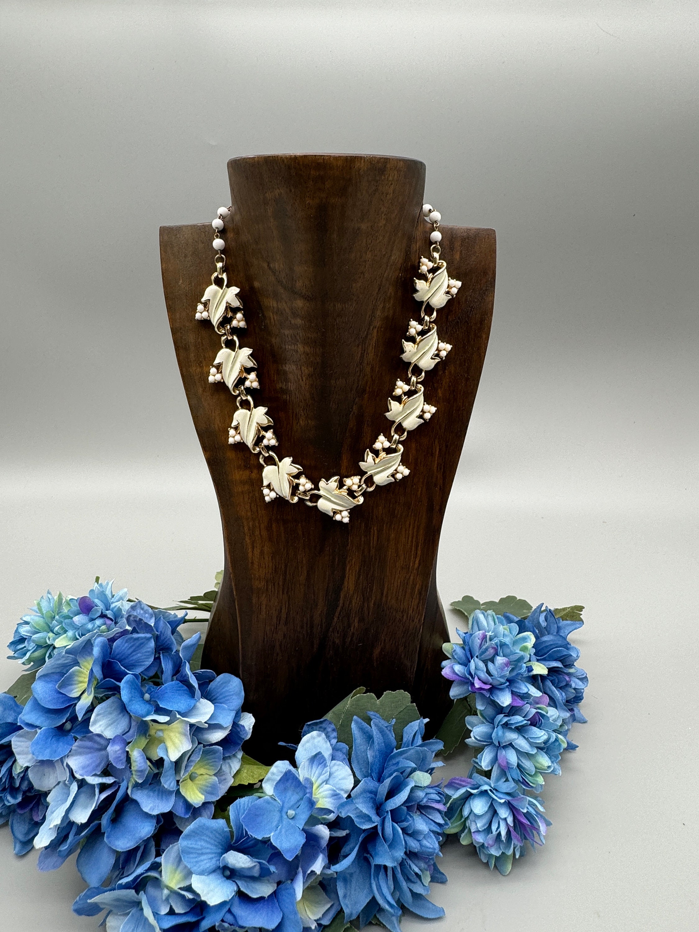 Dainty Blue Flower Pendant With Green Leafs, Gold Necklace