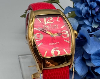 Joan Rivers Red Leather Cuff Watch: Goldtone Crystal Accent