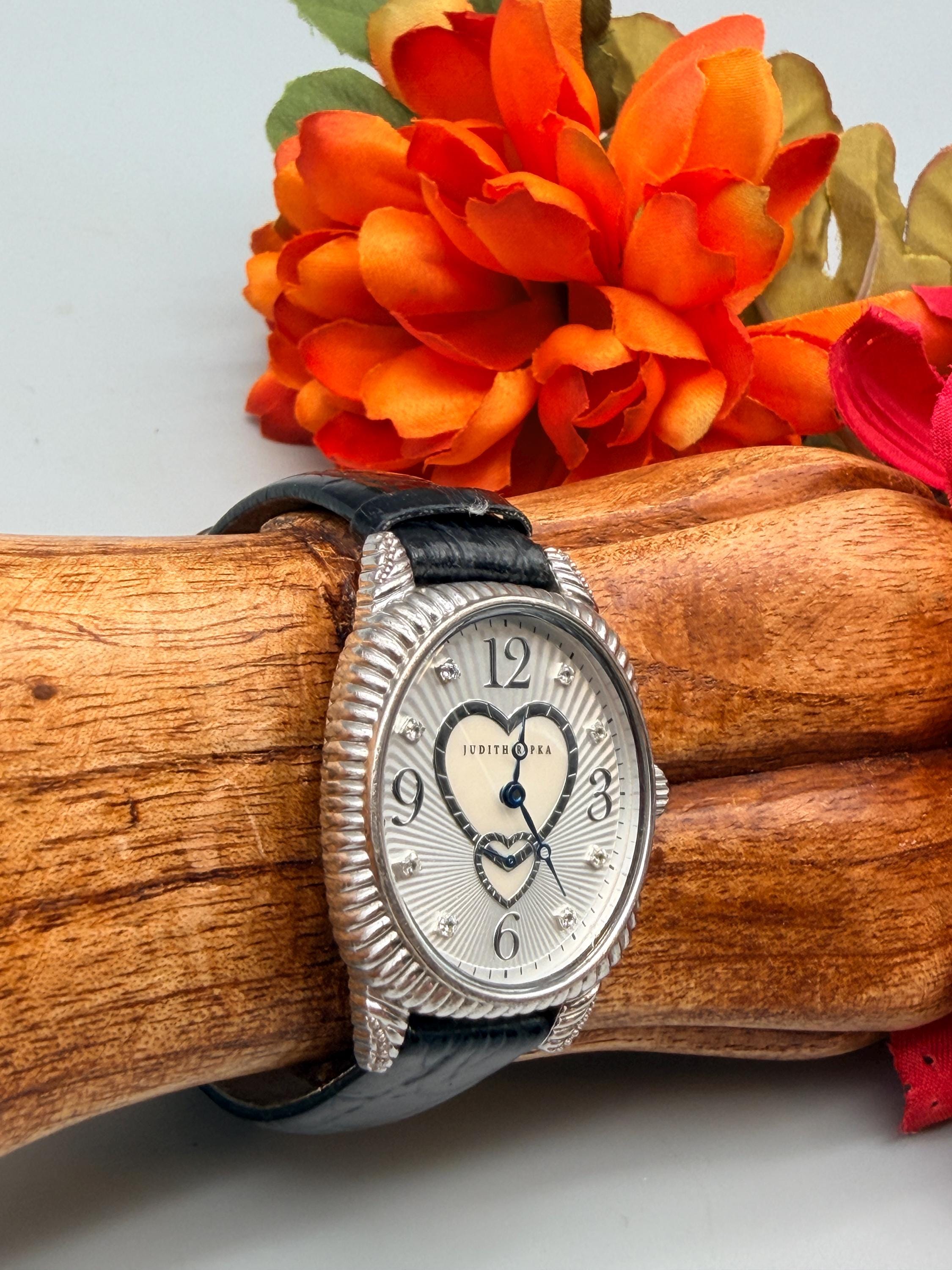Judith Ripka Black and Silver Watch Mother of Pearl Heart with Leather Strap Judith Ripka Silver, Black Mother Of Pearl Dial Watch with  main image 3