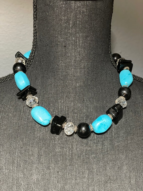 Vintage Black and Turquoise Glass beaded choker w… - image 1